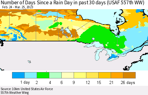 Canada Number of Days Since a Rain Day in past 30 days (USAF 557th WW) Thematic Map For 3/21/2023 - 3/25/2023