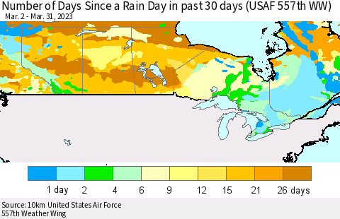 Canada Number of Days Since a Rain Day in past 30 days (USAF 557th WW) Thematic Map For 3/26/2023 - 3/31/2023