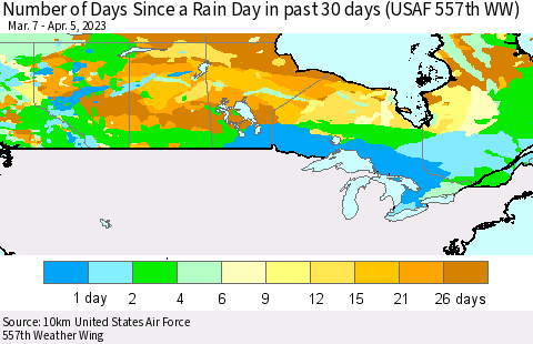 Canada Number of Days Since a Rain Day in past 30 days (USAF 557th WW) Thematic Map For 4/1/2023 - 4/5/2023