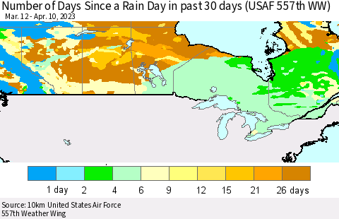 Canada Number of Days Since a Rain Day in past 30 days (USAF 557th WW) Thematic Map For 4/6/2023 - 4/10/2023