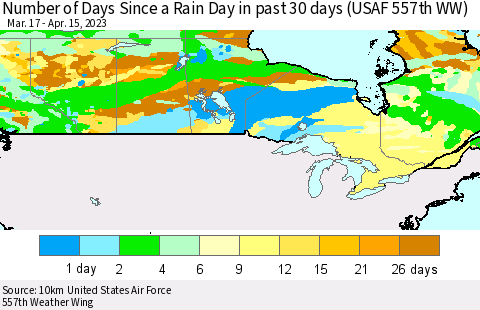 Canada Number of Days Since a Rain Day in past 30 days (USAF 557th WW) Thematic Map For 4/11/2023 - 4/15/2023