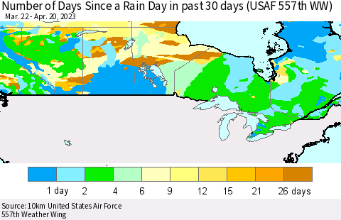 Canada Number of Days Since a Rain Day in past 30 days (USAF 557th WW) Thematic Map For 4/16/2023 - 4/20/2023