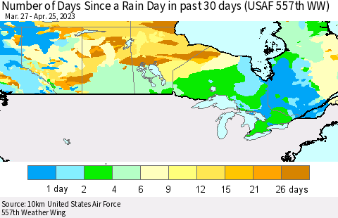 Canada Number of Days Since a Rain Day in past 30 days (USAF 557th WW) Thematic Map For 4/21/2023 - 4/25/2023