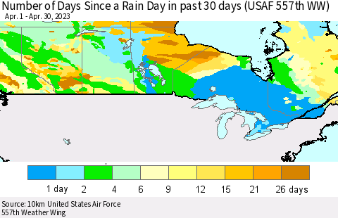 Canada Number of Days Since a Rain Day in past 30 days (USAF 557th WW) Thematic Map For 4/26/2023 - 4/30/2023