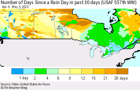 Canada Number of Days Since a Rain Day in past 30 days (USAF 557th WW) Thematic Map For 5/1/2023 - 5/5/2023