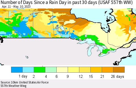 Canada Number of Days Since a Rain Day in past 30 days (USAF 557th WW) Thematic Map For 5/6/2023 - 5/10/2023