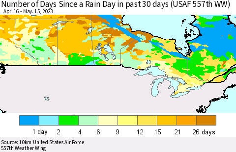Canada Number of Days Since a Rain Day in past 30 days (USAF 557th WW) Thematic Map For 5/11/2023 - 5/15/2023
