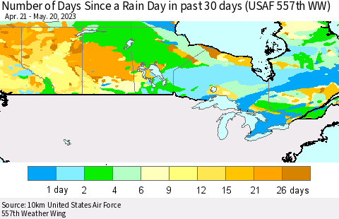 Canada Number of Days Since a Rain Day in past 30 days (USAF 557th WW) Thematic Map For 5/16/2023 - 5/20/2023