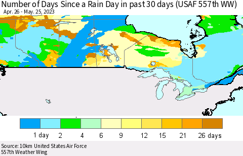 Canada Number of Days Since a Rain Day in past 30 days (USAF 557th WW) Thematic Map For 5/21/2023 - 5/25/2023