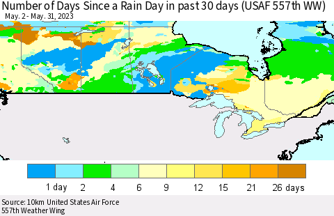 Canada Number of Days Since a Rain Day in past 30 days (USAF 557th WW) Thematic Map For 5/26/2023 - 5/31/2023