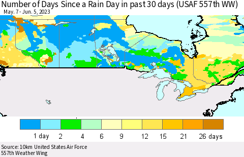 Canada Number of Days Since a Rain Day in past 30 days (USAF 557th WW) Thematic Map For 6/1/2023 - 6/5/2023