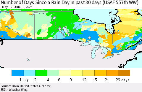 Canada Number of Days Since a Rain Day in past 30 days (USAF 557th WW) Thematic Map For 6/6/2023 - 6/10/2023