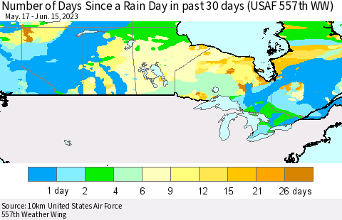 Canada Number of Days Since a Rain Day in past 30 days (USAF 557th WW) Thematic Map For 6/11/2023 - 6/15/2023
