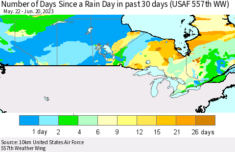 Canada Number of Days Since a Rain Day in past 30 days (USAF 557th WW) Thematic Map For 6/16/2023 - 6/20/2023