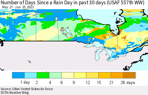 Canada Number of Days Since a Rain Day in past 30 days (USAF 557th WW) Thematic Map For 6/21/2023 - 6/25/2023