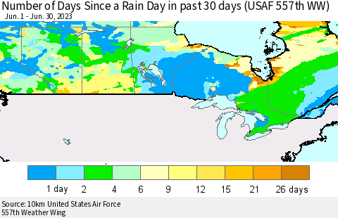 Canada Number of Days Since a Rain Day in past 30 days (USAF 557th WW) Thematic Map For 6/26/2023 - 6/30/2023