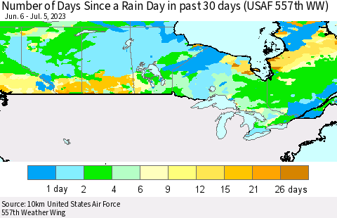 Canada Number of Days Since a Rain Day in past 30 days (USAF 557th WW) Thematic Map For 7/1/2023 - 7/5/2023