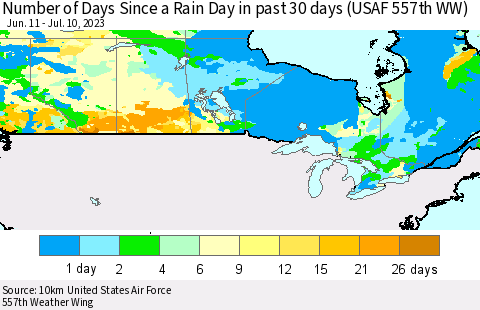 Canada Number of Days Since a Rain Day in past 30 days (USAF 557th WW) Thematic Map For 7/6/2023 - 7/10/2023
