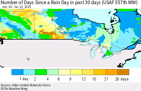 Canada Number of Days Since a Rain Day in past 30 days (USAF 557th WW) Thematic Map For 7/11/2023 - 7/15/2023