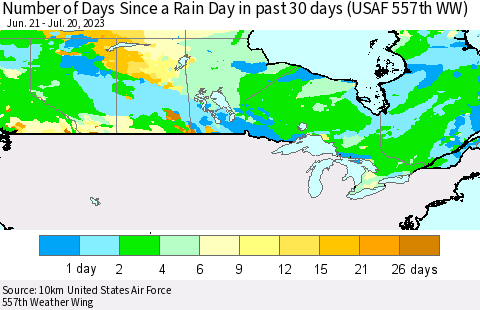 Canada Number of Days Since a Rain Day in past 30 days (USAF 557th WW) Thematic Map For 7/16/2023 - 7/20/2023