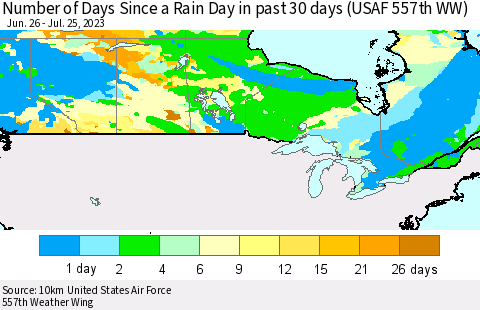 Canada Number of Days Since a Rain Day in past 30 days (USAF 557th WW) Thematic Map For 7/21/2023 - 7/25/2023