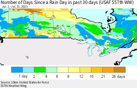 Canada Number of Days Since a Rain Day in past 30 days (USAF 557th WW) Thematic Map For 7/26/2023 - 7/31/2023