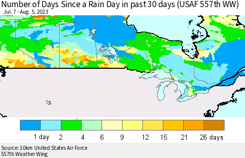 Canada Number of Days Since a Rain Day in past 30 days (USAF 557th WW) Thematic Map For 8/1/2023 - 8/5/2023