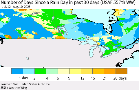 Canada Number of Days Since a Rain Day in past 30 days (USAF 557th WW) Thematic Map For 8/6/2023 - 8/10/2023