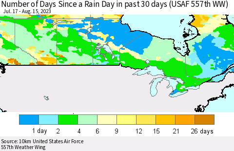 Canada Number of Days Since a Rain Day in past 30 days (USAF 557th WW) Thematic Map For 8/11/2023 - 8/15/2023