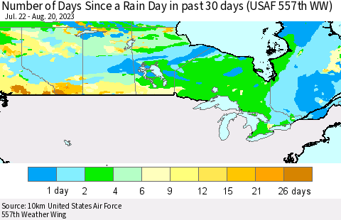 Canada Number of Days Since a Rain Day in past 30 days (USAF 557th WW) Thematic Map For 8/16/2023 - 8/20/2023