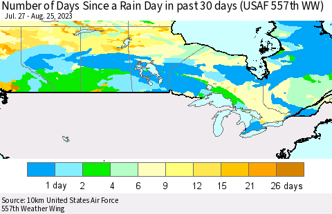Canada Number of Days Since a Rain Day in past 30 days (USAF 557th WW) Thematic Map For 8/21/2023 - 8/25/2023