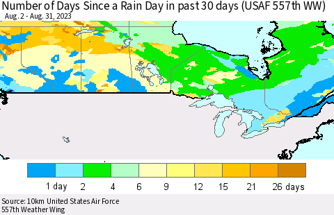 Canada Number of Days Since a Rain Day in past 30 days (USAF 557th WW) Thematic Map For 8/26/2023 - 8/31/2023