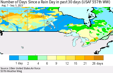 Canada Number of Days Since a Rain Day in past 30 days (USAF 557th WW) Thematic Map For 9/1/2023 - 9/5/2023