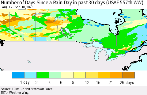 Canada Number of Days Since a Rain Day in past 30 days (USAF 557th WW) Thematic Map For 9/6/2023 - 9/10/2023