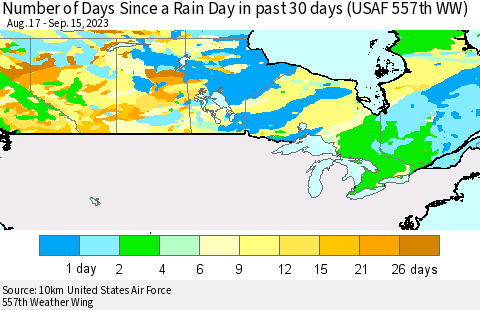 Canada Number of Days Since a Rain Day in past 30 days (USAF 557th WW) Thematic Map For 9/11/2023 - 9/15/2023