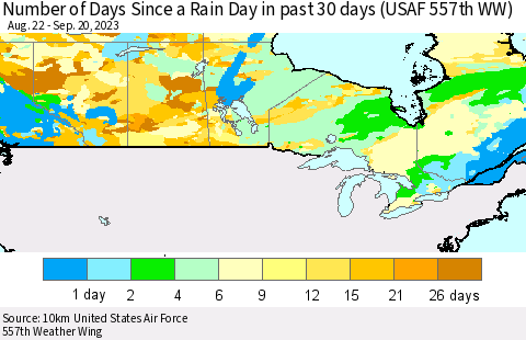 Canada Number of Days Since a Rain Day in past 30 days (USAF 557th WW) Thematic Map For 9/16/2023 - 9/20/2023