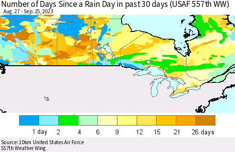 Canada Number of Days Since a Rain Day in past 30 days (USAF 557th WW) Thematic Map For 9/21/2023 - 9/25/2023