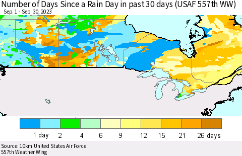 Canada Number of Days Since a Rain Day in past 30 days (USAF 557th WW) Thematic Map For 9/26/2023 - 9/30/2023