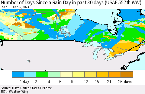 Canada Number of Days Since a Rain Day in past 30 days (USAF 557th WW) Thematic Map For 10/1/2023 - 10/5/2023