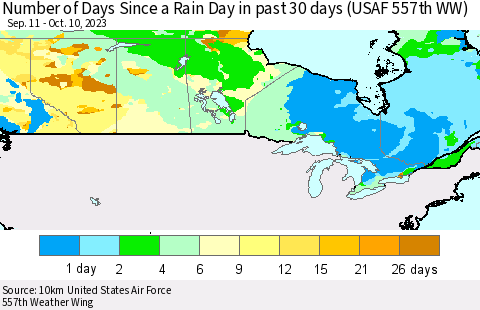 Canada Number of Days Since a Rain Day in past 30 days (USAF 557th WW) Thematic Map For 10/6/2023 - 10/10/2023
