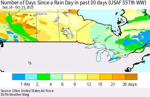 Canada Number of Days Since a Rain Day in past 30 days (USAF 557th WW) Thematic Map For 10/11/2023 - 10/15/2023