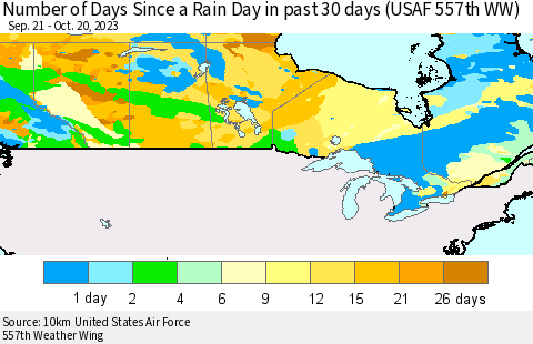 Canada Number of Days Since a Rain Day in past 30 days (USAF 557th WW) Thematic Map For 10/16/2023 - 10/20/2023