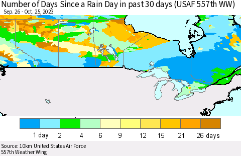 Canada Number of Days Since a Rain Day in past 30 days (USAF 557th WW) Thematic Map For 10/21/2023 - 10/25/2023