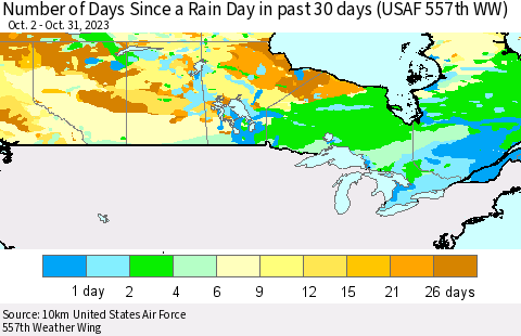 Canada Number of Days Since a Rain Day in past 30 days (USAF 557th WW) Thematic Map For 10/26/2023 - 10/31/2023