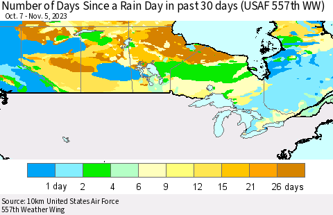 Canada Number of Days Since a Rain Day in past 30 days (USAF 557th WW) Thematic Map For 11/1/2023 - 11/5/2023
