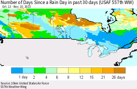 Canada Number of Days Since a Rain Day in past 30 days (USAF 557th WW) Thematic Map For 11/6/2023 - 11/10/2023