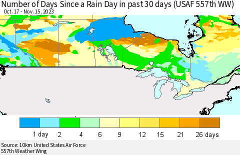 Canada Number of Days Since a Rain Day in past 30 days (USAF 557th WW) Thematic Map For 11/11/2023 - 11/15/2023