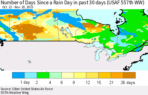 Canada Number of Days Since a Rain Day in past 30 days (USAF 557th WW) Thematic Map For 11/16/2023 - 11/20/2023