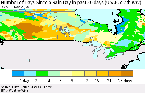 Canada Number of Days Since a Rain Day in past 30 days (USAF 557th WW) Thematic Map For 11/21/2023 - 11/25/2023