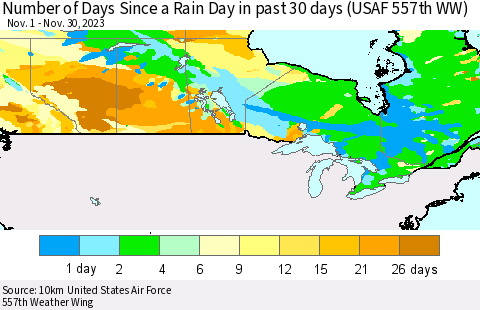 Canada Number of Days Since a Rain Day in past 30 days (USAF 557th WW) Thematic Map For 11/26/2023 - 11/30/2023